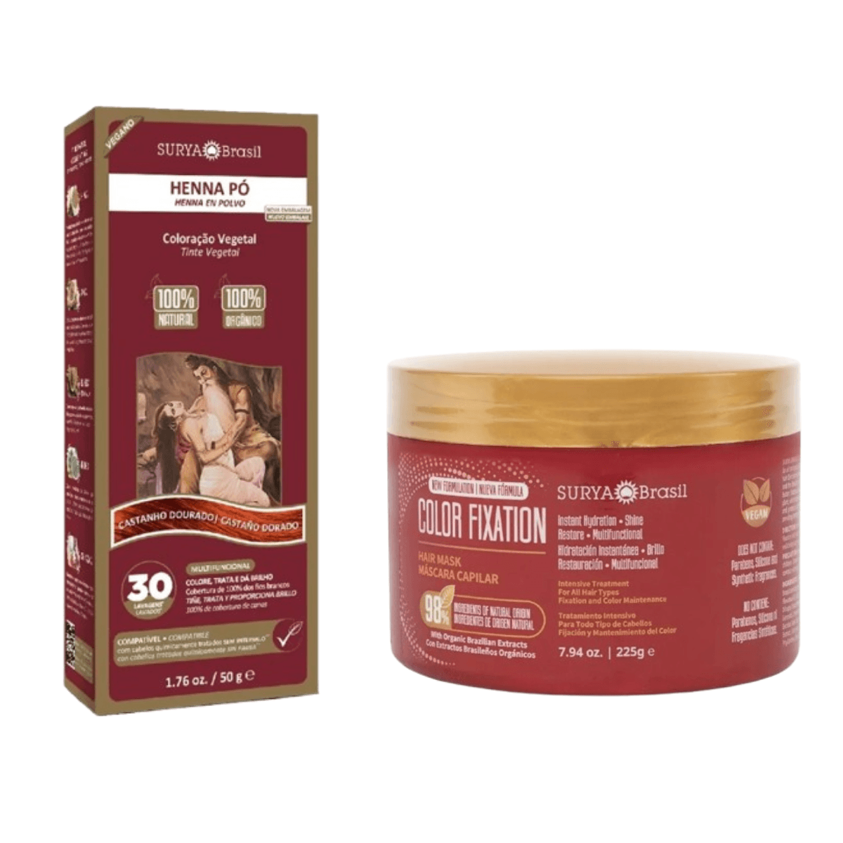 Kit Tinta de Cabelo Semi-Permanente Henna Pó Surya Brasil Castanho Dourado 50g + Máscara Capilar Henna Color Fixation Surya Brasil Restaurador 225g - Imagem 1