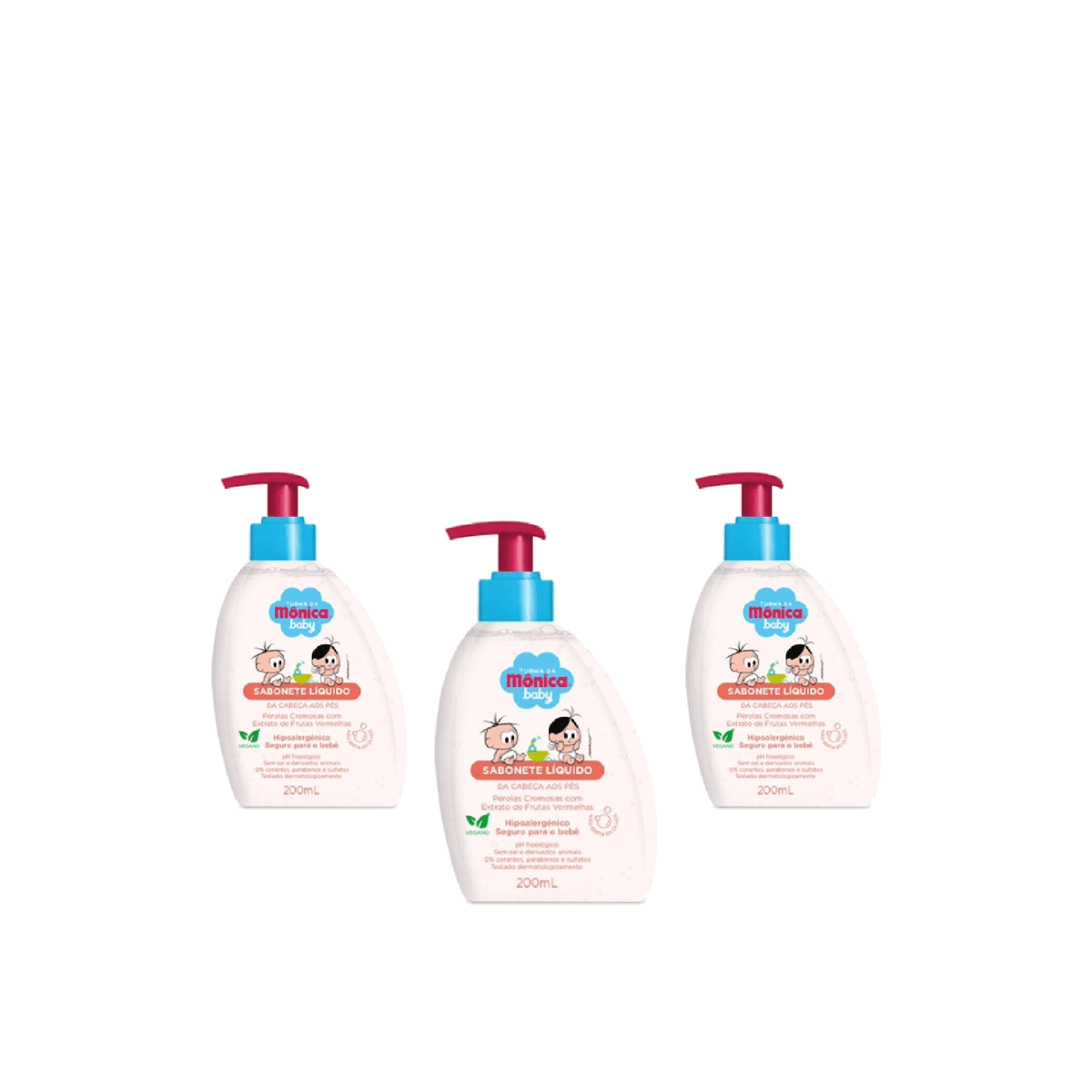 Kit 3 Unidades Sabonete Líquido Turma da Mônica Baby da Cabeça aos Pés Pérolas Cremosas com Extrato de Frutas Vermelhas 200ml - Imagem 1