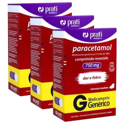 Kit 3 Unidades Paracetamol 750mg 20 Comprimidos Revestidos Prati Donaduzzi Genérico - Imagem 1