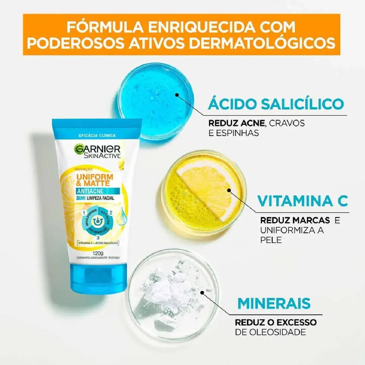 Esfoliante Garnier Uniform & Matte Antiacne 3 em 1 Limpeza Facial 120g - Imagem 3