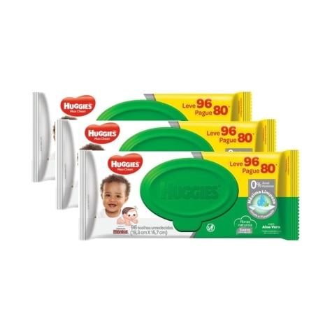 Kit 3 Unidades Lenços Umedecidos Huggies Max Clean 96 Unidades - Imagem 1