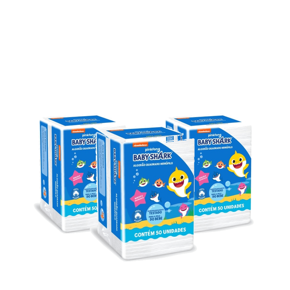 Kit 3 Unidades Algodão Hidrófilo Cremer Baby Shark Quadrado Branco 50 Unidades - Imagem 1
