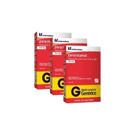 Kit 3 Unidades Paracetamol 750mg 20 Comprimidos União Química Genérico - Imagem 1