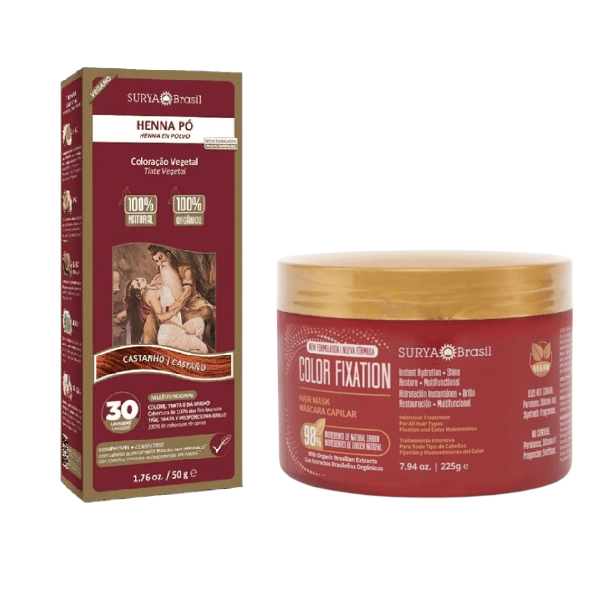 Kit Tintura Henna Pó Surya Brasil Castanho 50g + Máscara Capilar Henna Color Fixation Surya Brasil Restaurador 225g - Imagem 1