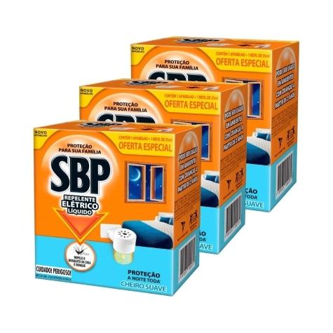 Kit 3 Unidades Repelente Elétrico Líquido SBP 45 Noites Cheiro Suave + Refil - Imagem 1