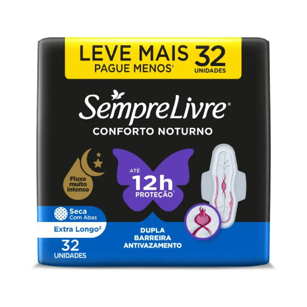 Absorvente Noturno Seca com Abas Sempre Livre 32 Unidades Leve mais Pague menos - Imagem 1