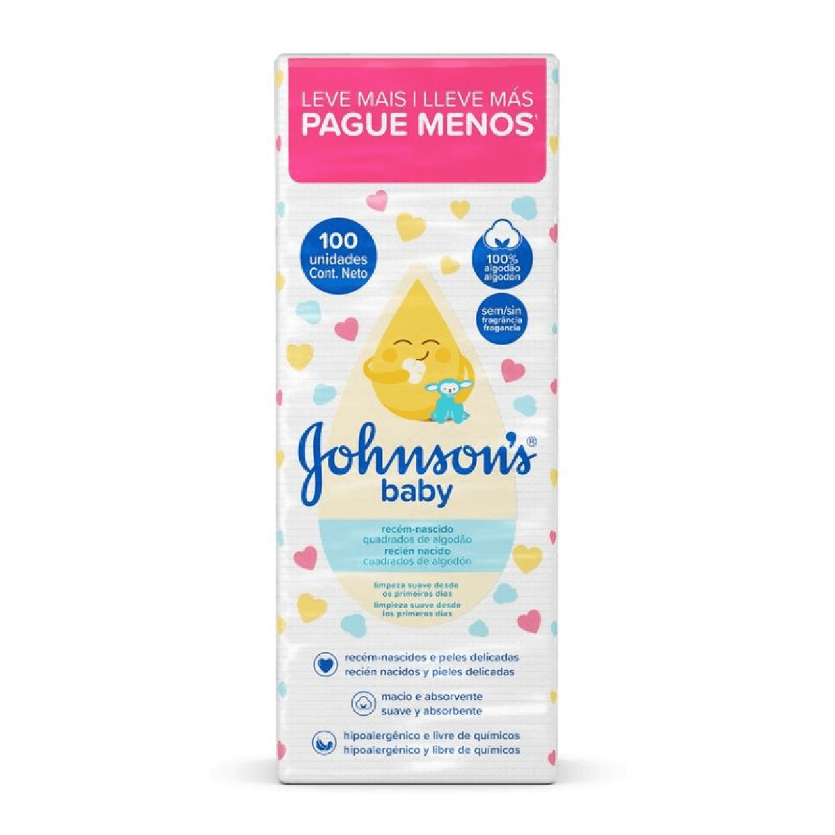 Algodão quadrado bebê Johnson's Sem Perfume 100 unidades - Imagem 1