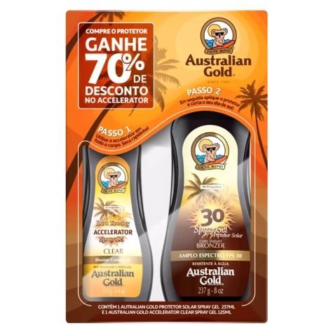Kit Protetor Solar Australian Gold FPS30 237ml 70% Desc Spray Bronzeamento Dark Tanning Clear 125ml - Imagem 1