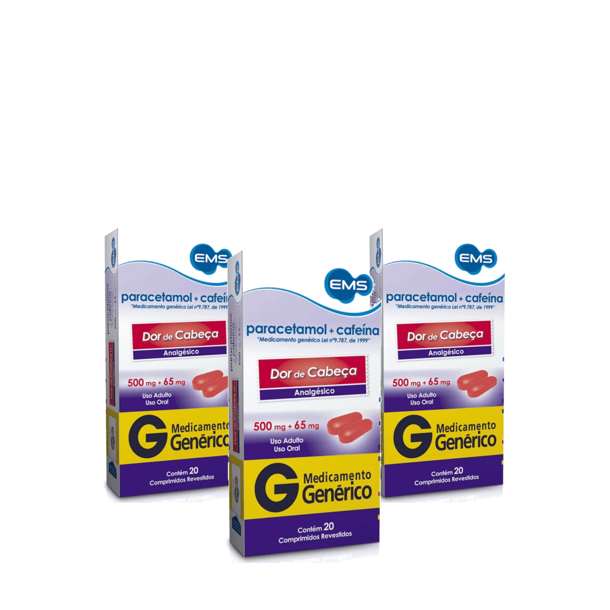 3 Unidades de Paracetamol + Cafeína 500mg + 65mg 20 Comprimdos Revestidos EMS Genérico - Imagem 1