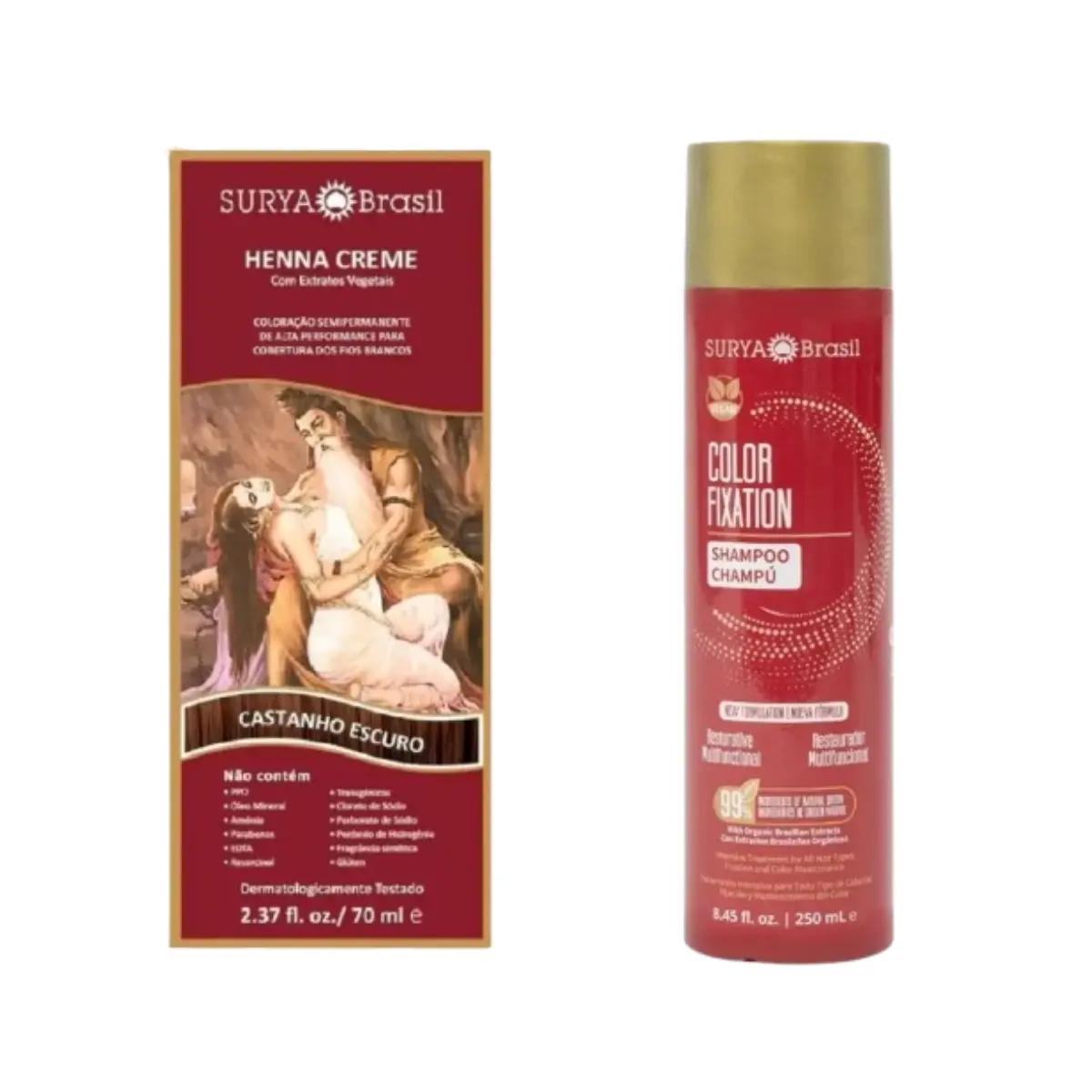 Kit Tinta de Cabelo Semi-Permanente Henna Creme Surya Brasil Castanho Escuro 50g + Shampoo Restaurador Surya Brasil Color Fixation 250ml - Imagem 1