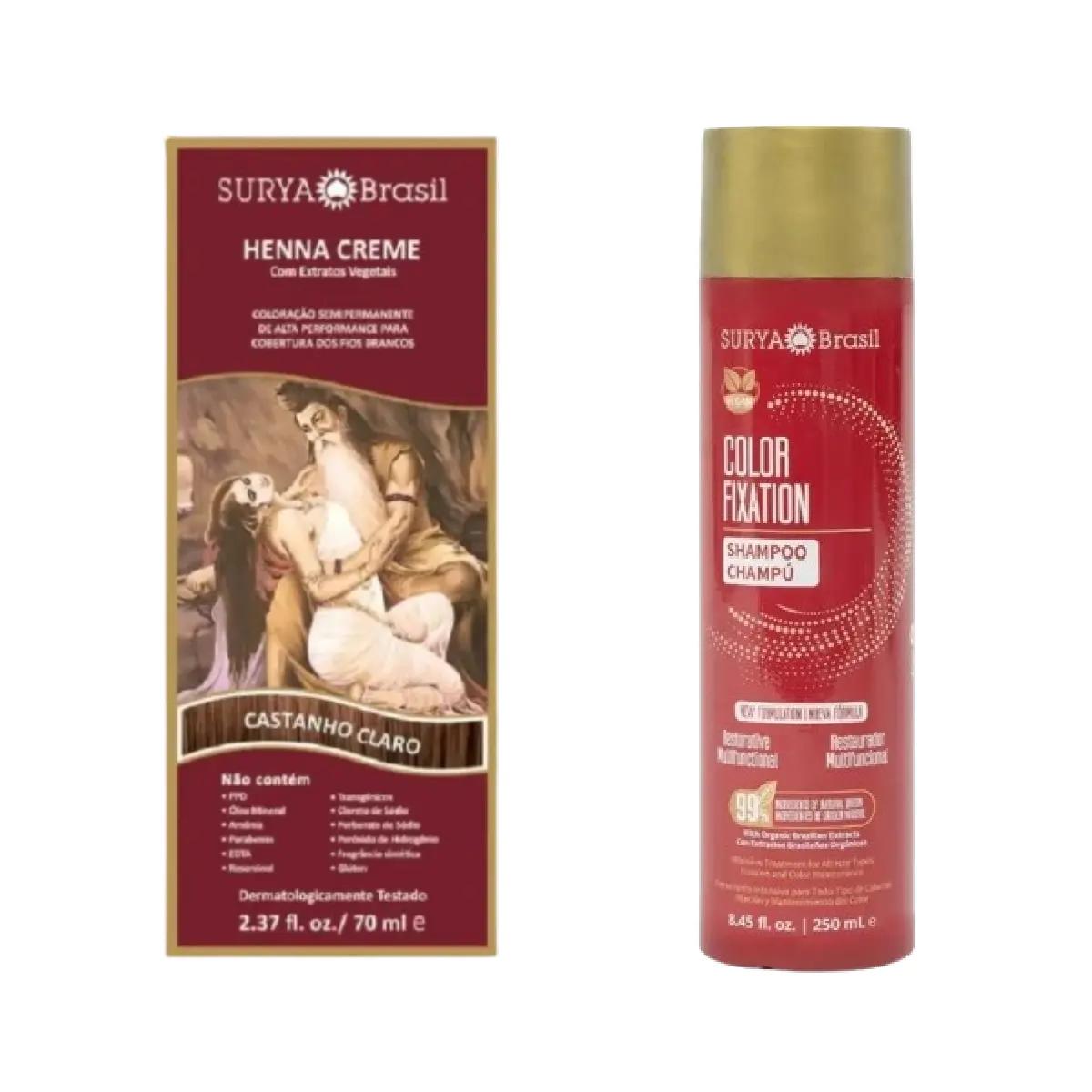 Kit Tinta de Cabelo Semi-Permanente Henna Creme Surya Brasil Castanho Claro 50g + Shampoo Restaurador Surya Brasil Color Fixation 250ml - Imagem 1