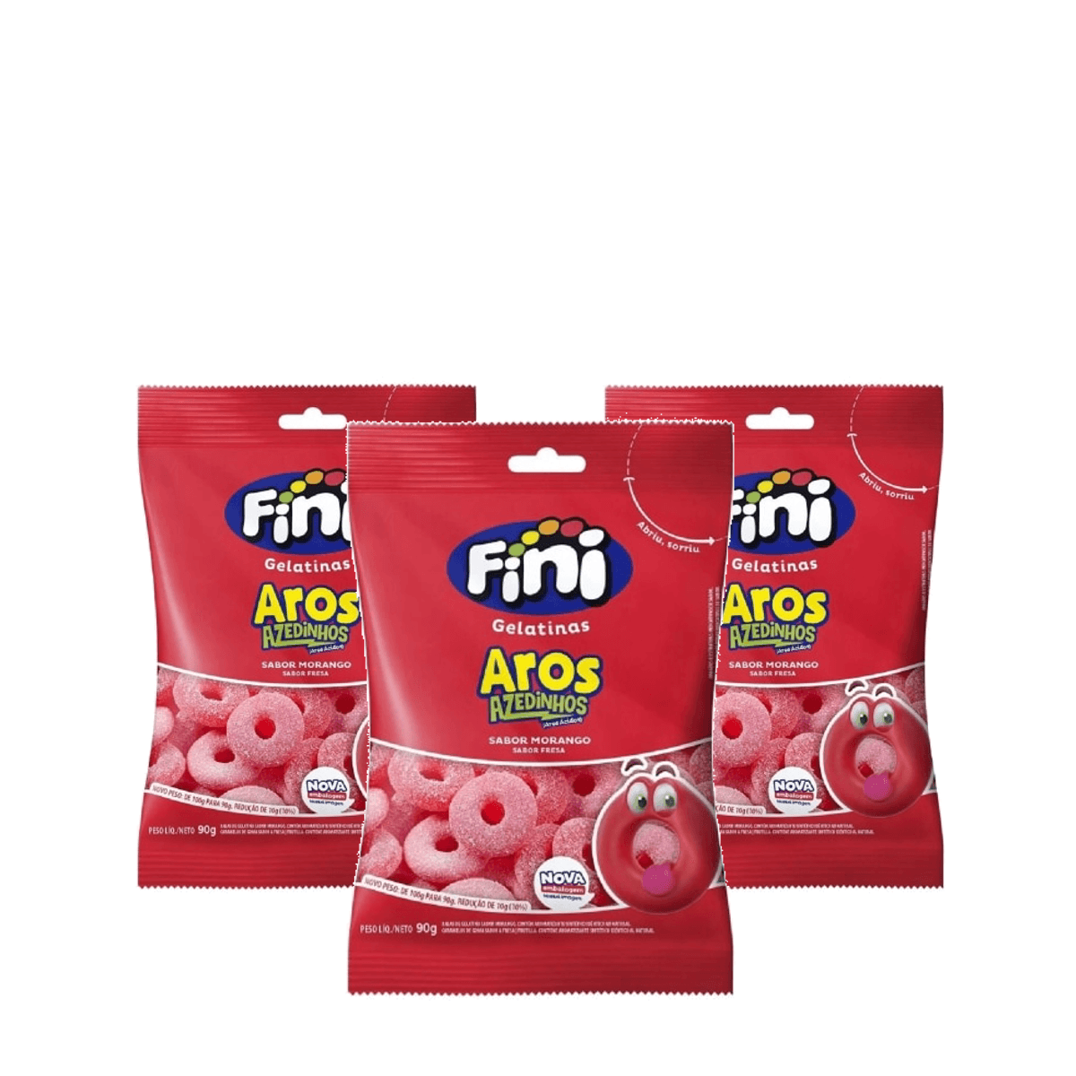 Kit 3 Unidades Bala de Gelatina Fini Ácido Aros de Morango 90g - Imagem 1