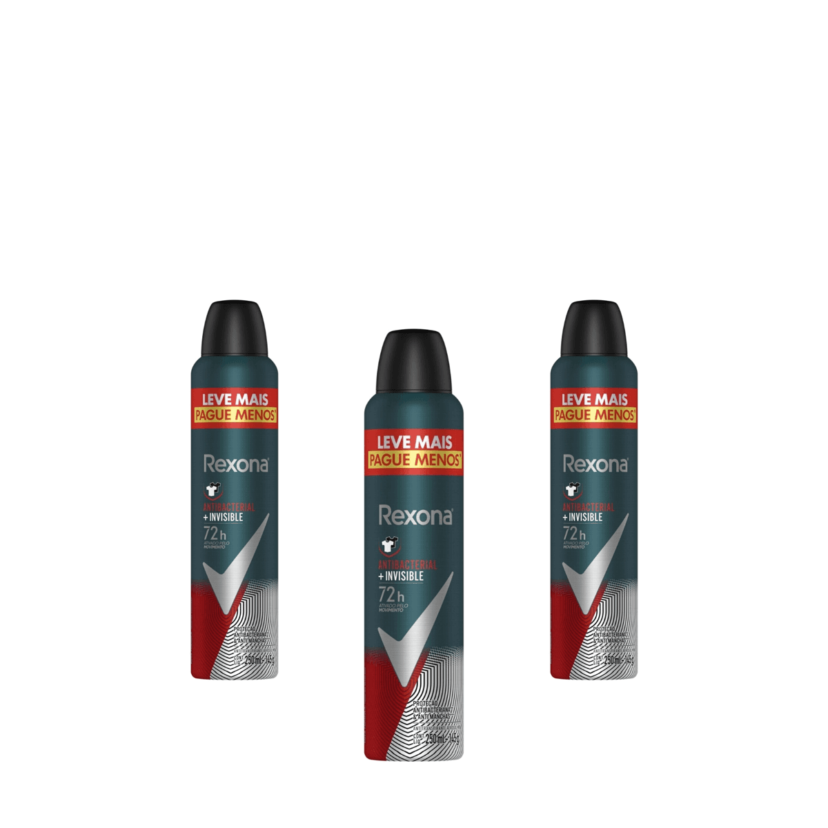 Kit 3 Unidades Desodorante Aerosol Rexona Men Antibacterial + Invisible 250ml Leve mais Pague menos - Imagem 1