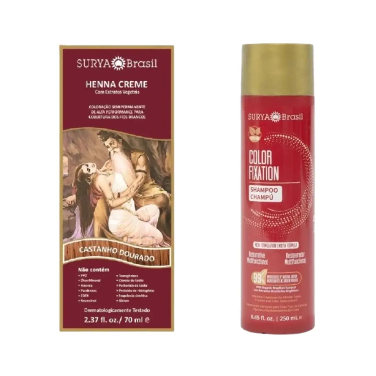 Kit Tinta de Cabelo Semi-Permanente Henna Creme Surya Brasil Castanho Dourado 50g + Shampoo Restaurador Surya Brasil Color Fixation 250ml - Imagem 1