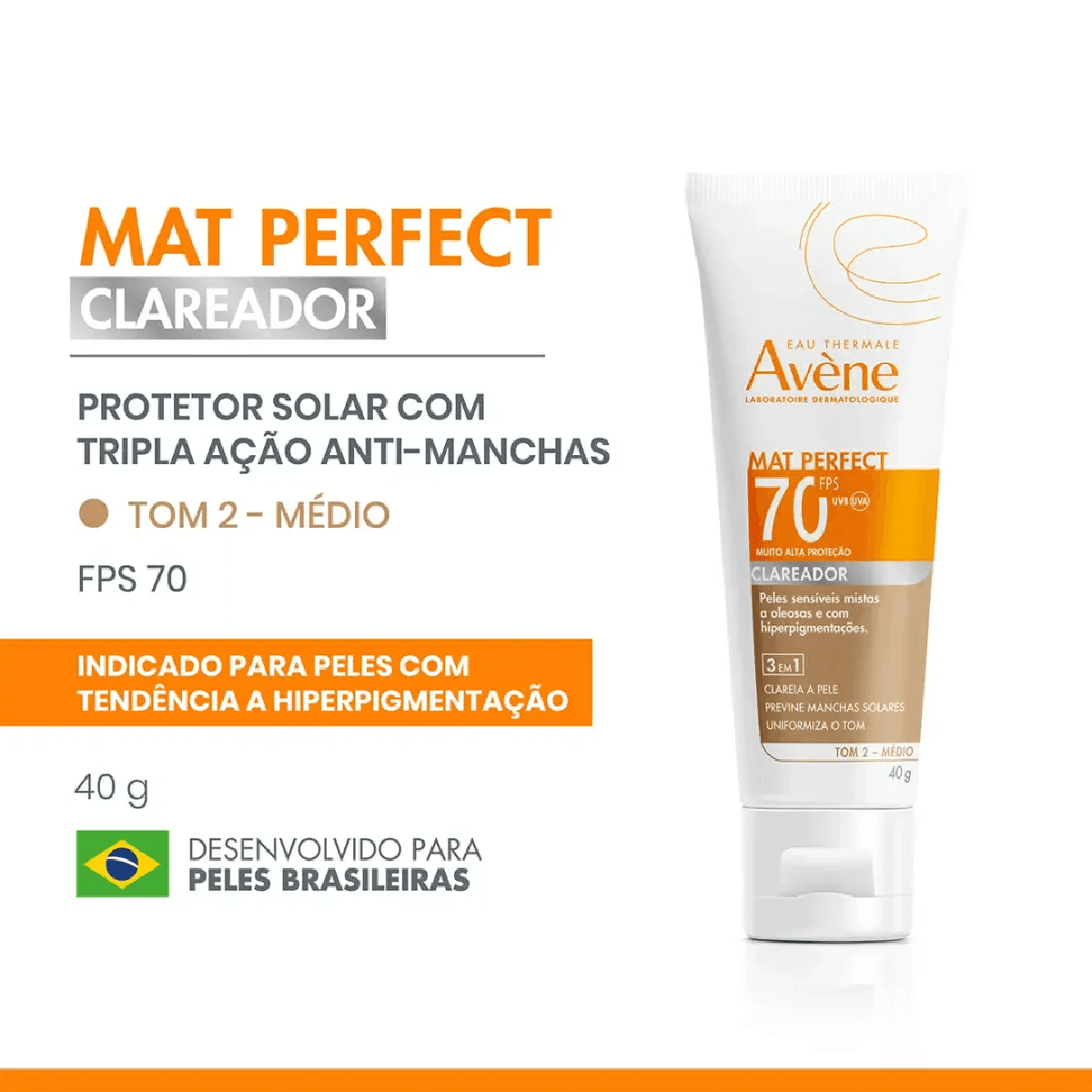 Protetor Solar Facial Avène Mat Perfect FPS70 Cor Média 40g - Imagem 2