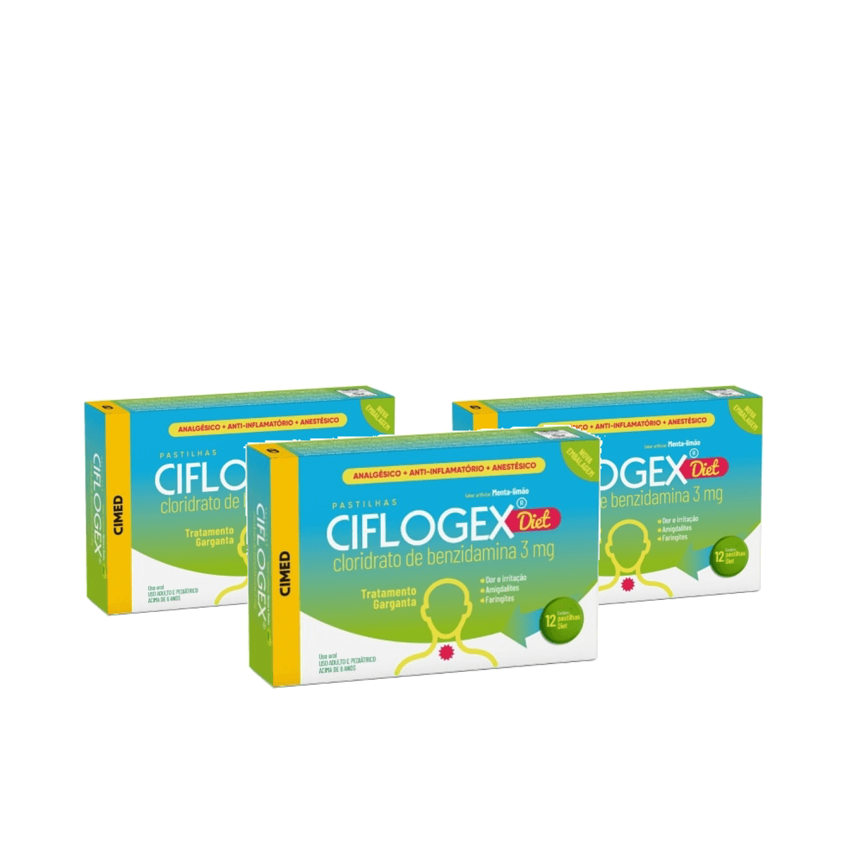 3 Unidades de Ciflogex Menta e Limão Diet 3mg 12 Pastilhas - Imagem 1