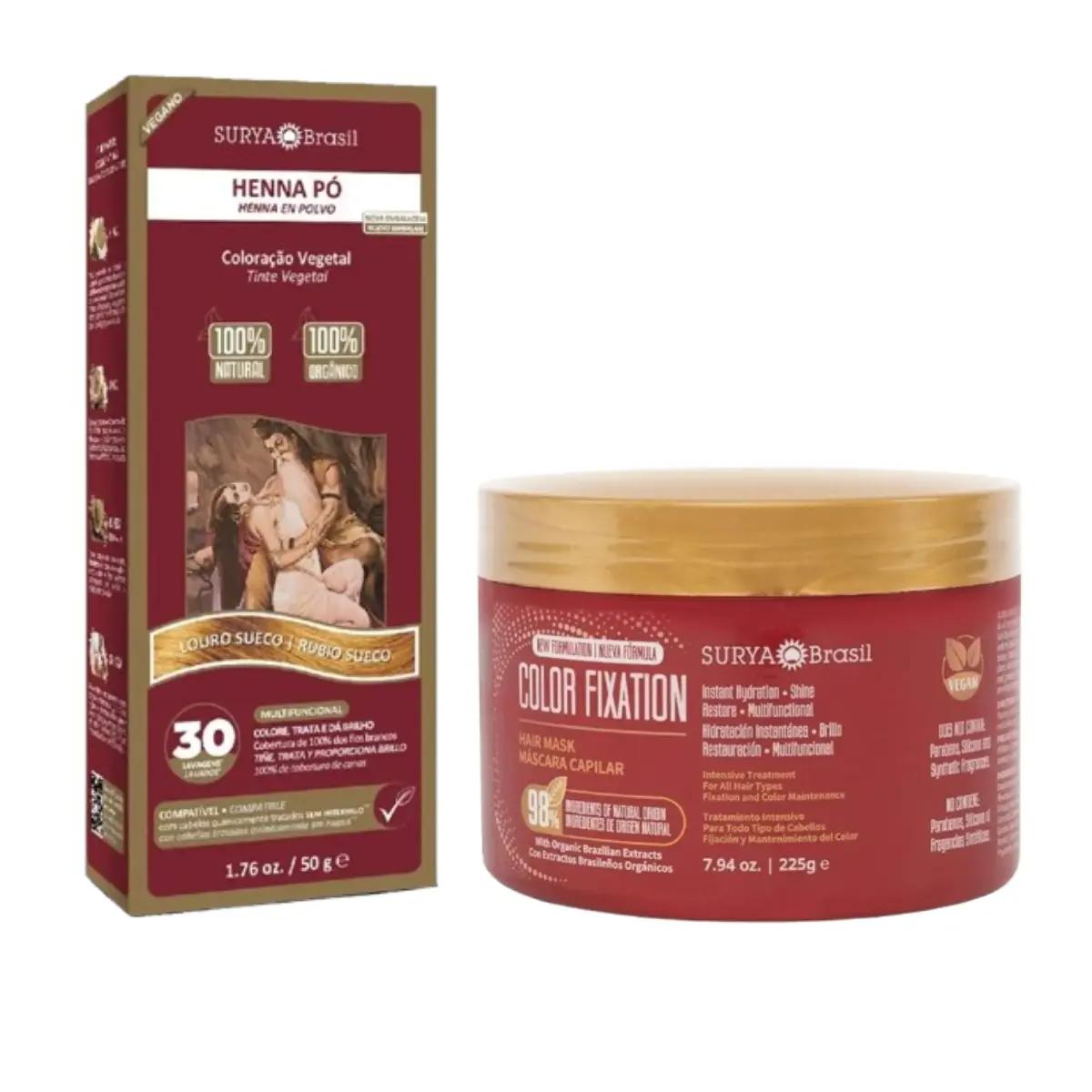 Kit Tintura Henna Pó Surya Brasil Louro Sueco 50g + Máscara Capilar Henna Color Fixation Surya Brasil Restaurador 225g - Imagem 1