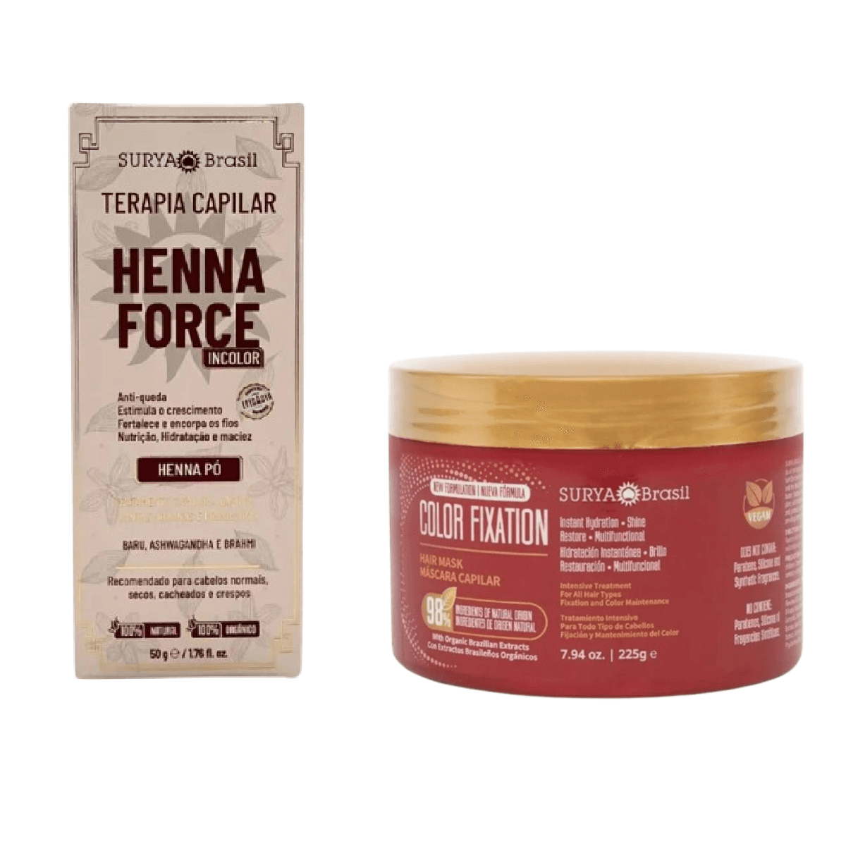 Kit Henna Pó Force Incolor Surya Brasil Terapia Capilar 50g + Máscara Capilar Henna Color Fixation Surya Brasil Restaurador 225g - Imagem 1