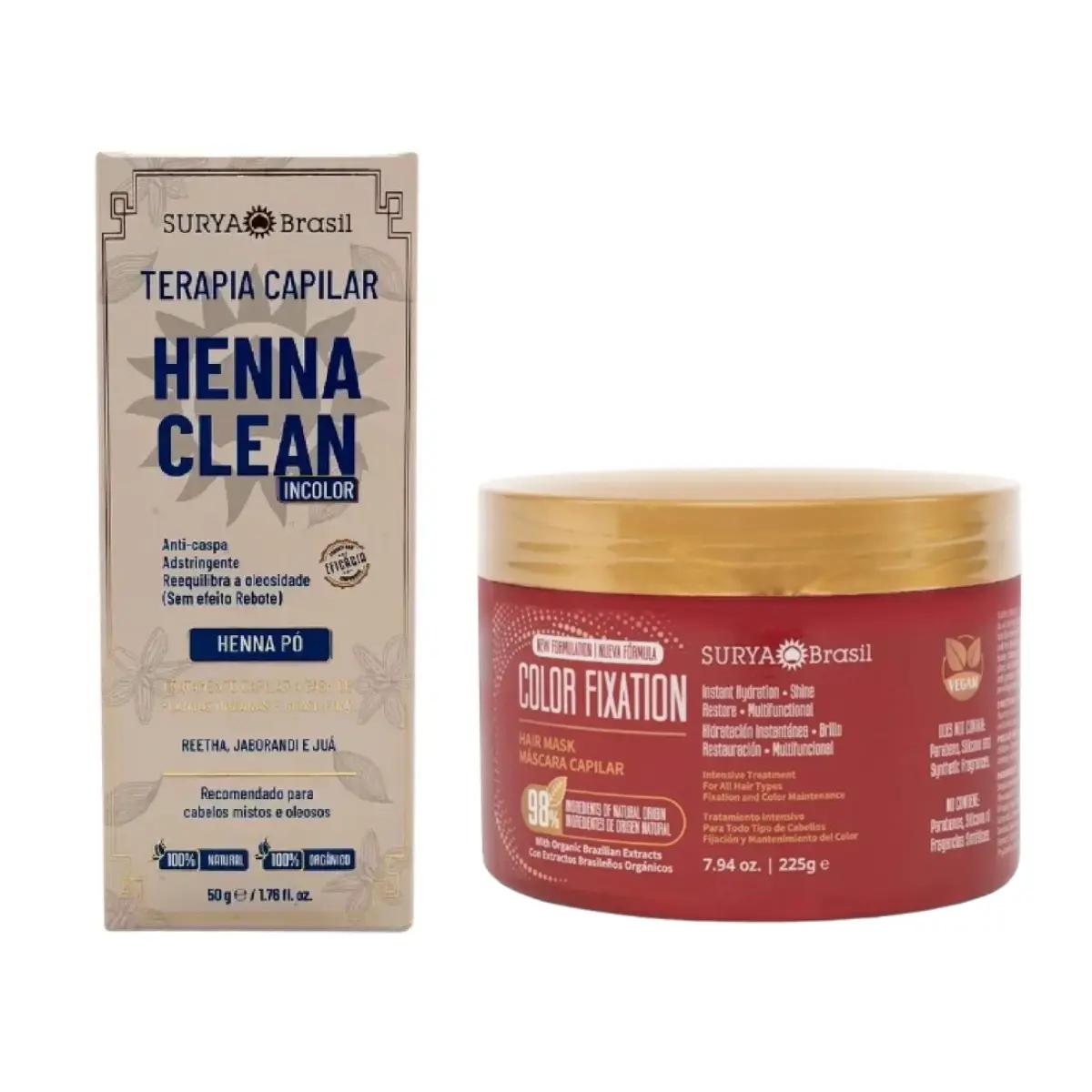 Kit Henna Pó Clean Incolor Surya Brasil Terapia Capilar 50g + Máscara Capilar Henna Color Fixation Surya Brasil Restaurador 225g - Imagem 1