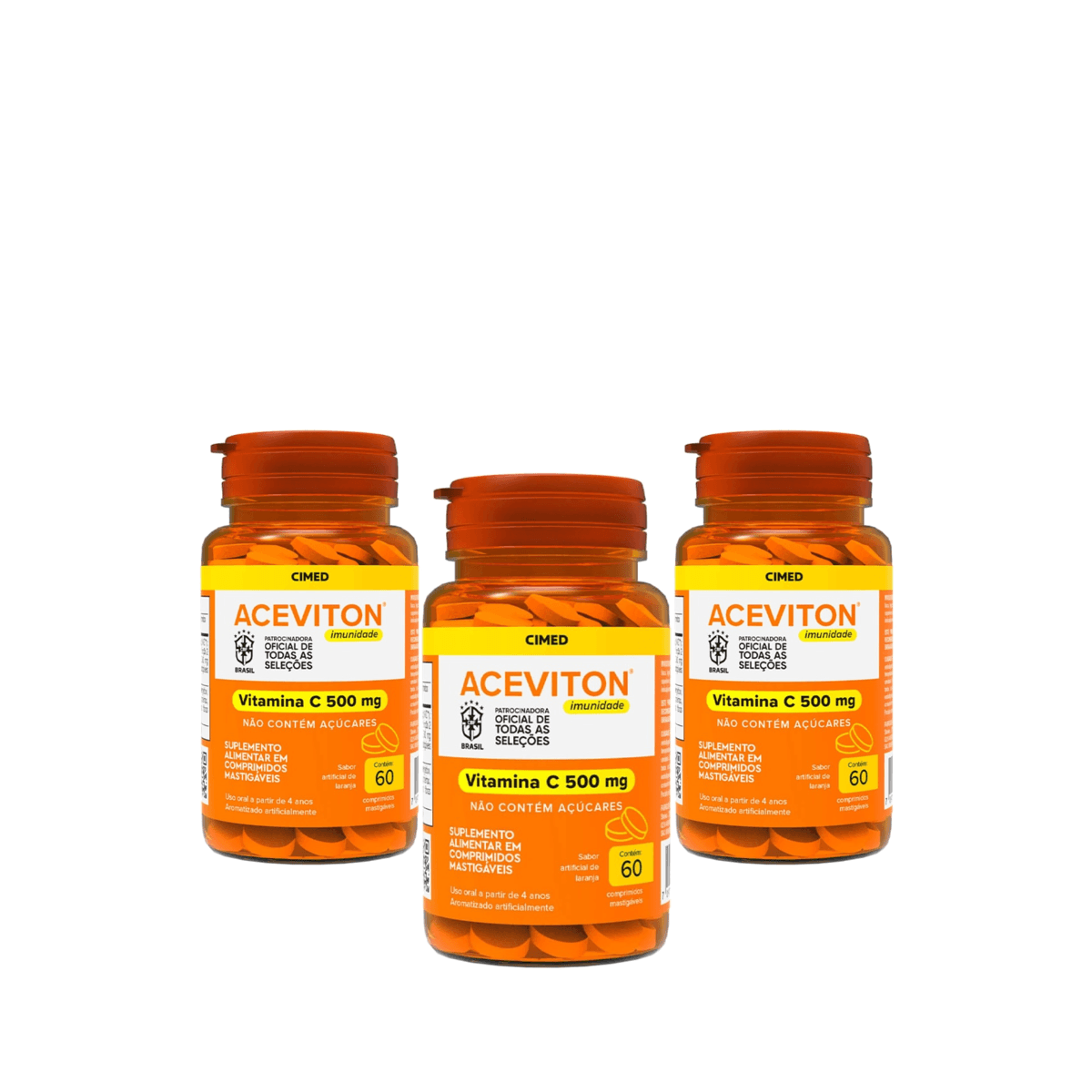 3 Unidades de Aceviton Imunidade 500mg Sabor Laranja 60 Comprimidos Mastigáveis - Imagem 1