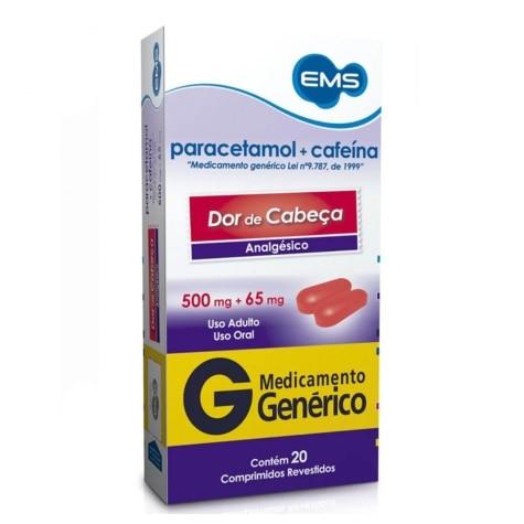Paracetamol + Cafeína 500mg + 65mg 20 Comprimdos Revestidos EMS Genérico - Imagem 1