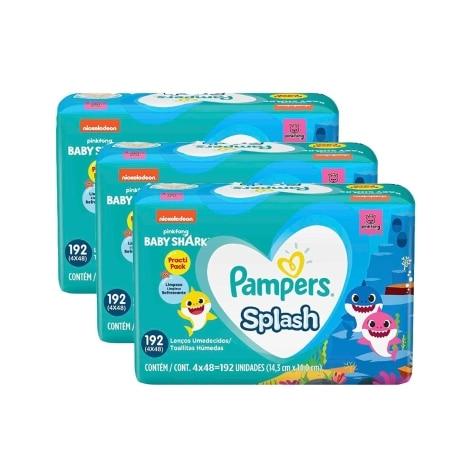 Kit 3 Unidades Lenços Umedecidos Pampers Splash Baby Shark 192 Unidades - Imagem 1