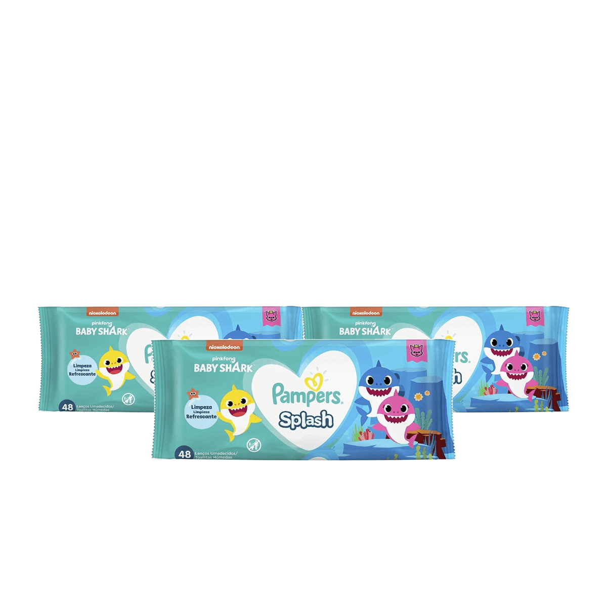 Kit 3 Unidades Lenços Umedecidos Pampers Splash Baby Shark 48 Unidades - Imagem 1