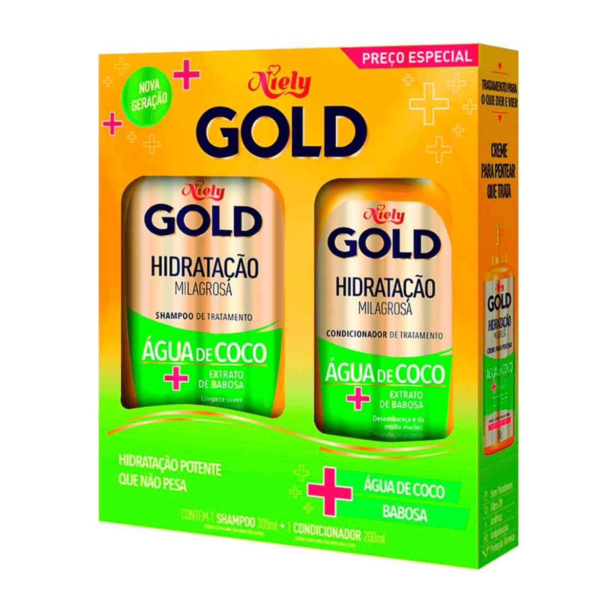 Kit Niely Gold Hidratação Água de Coco Cabelo Seco Shampoo 300ml + Condicionador 200ml - Imagem 1