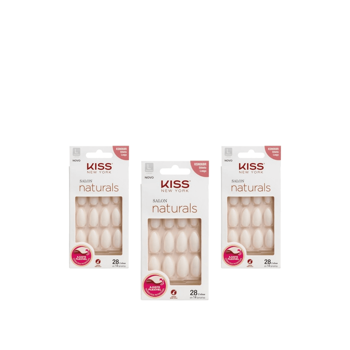 Kit 3 Unidades Unhas Postiças Kiss New York Salon Naturals Stiletto Longo 28 Unidades - Imagem 1