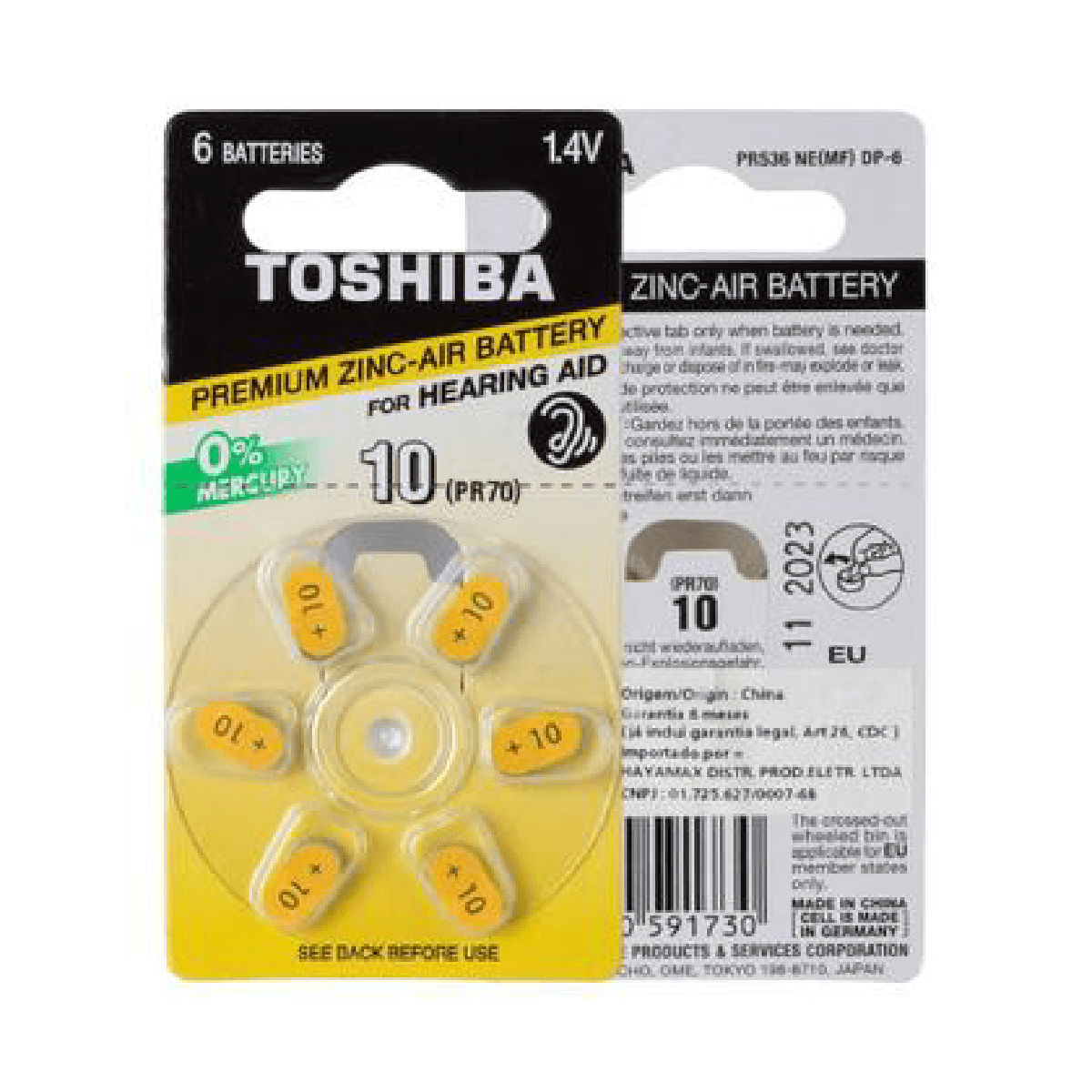 Pilha Auditiva 10 PR70 Toshiba Cartela com 6 Unidades - Imagem 1