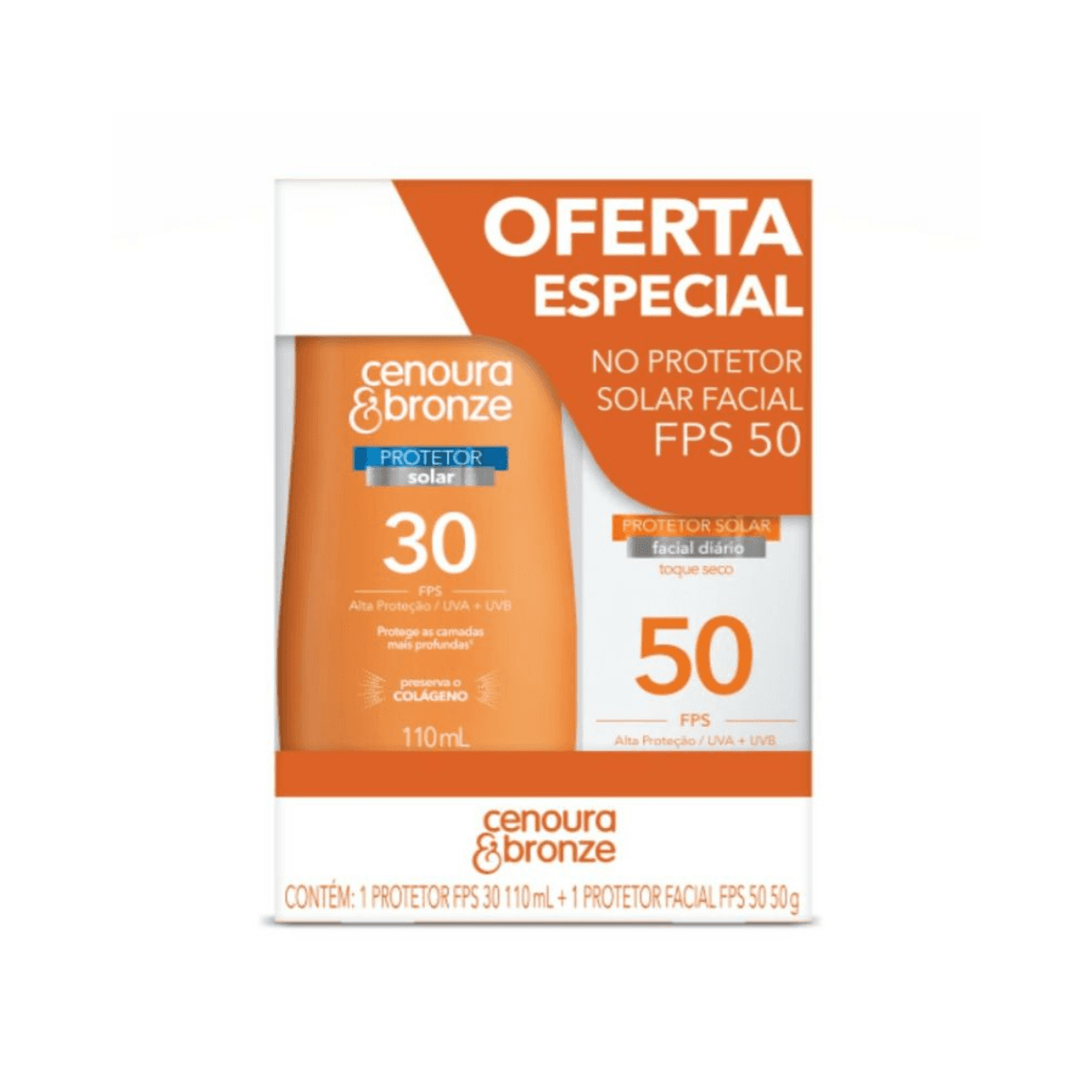 Kit Cenoura e Bronze Protetor Solar FPS30 110ml + Protetor Solar Facial FPS50 Toque Seco 50g - Imagem 1