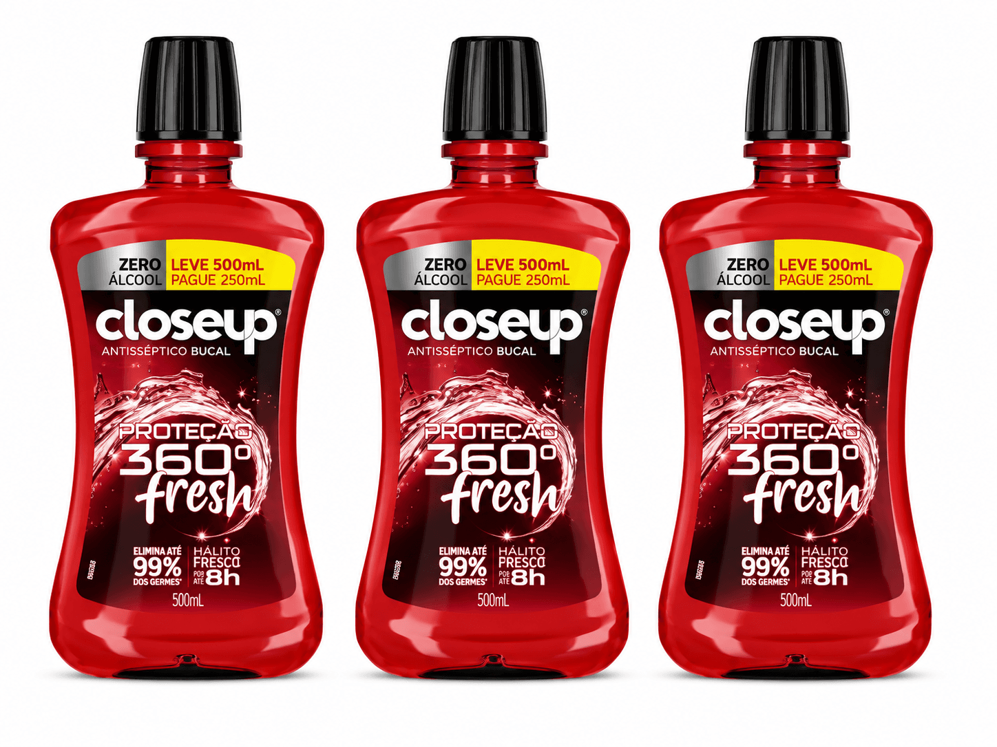 Kit 3 Unidades Enxaguante Bucal Close Up Proteção 360° Fresh Red Hot Zero Álcool Leve 500ml Pague 350ml - Imagem 1