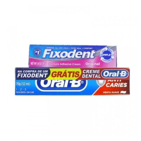 Kit Creme Fixador de Dentadura Fixodent Original 39g Grátis Creme Dental Oral-B 123 Anti Cáries 70g - Imagem 1