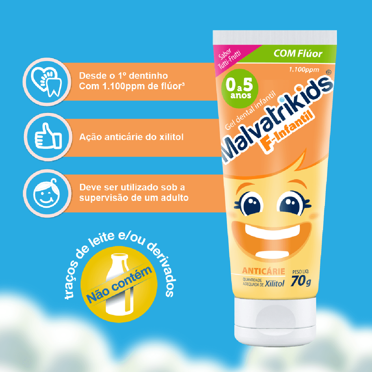 Gel Dental Infantil Malvatrikids F-Infantil Sabor Tutti-Frutti 70g - Imagem 2