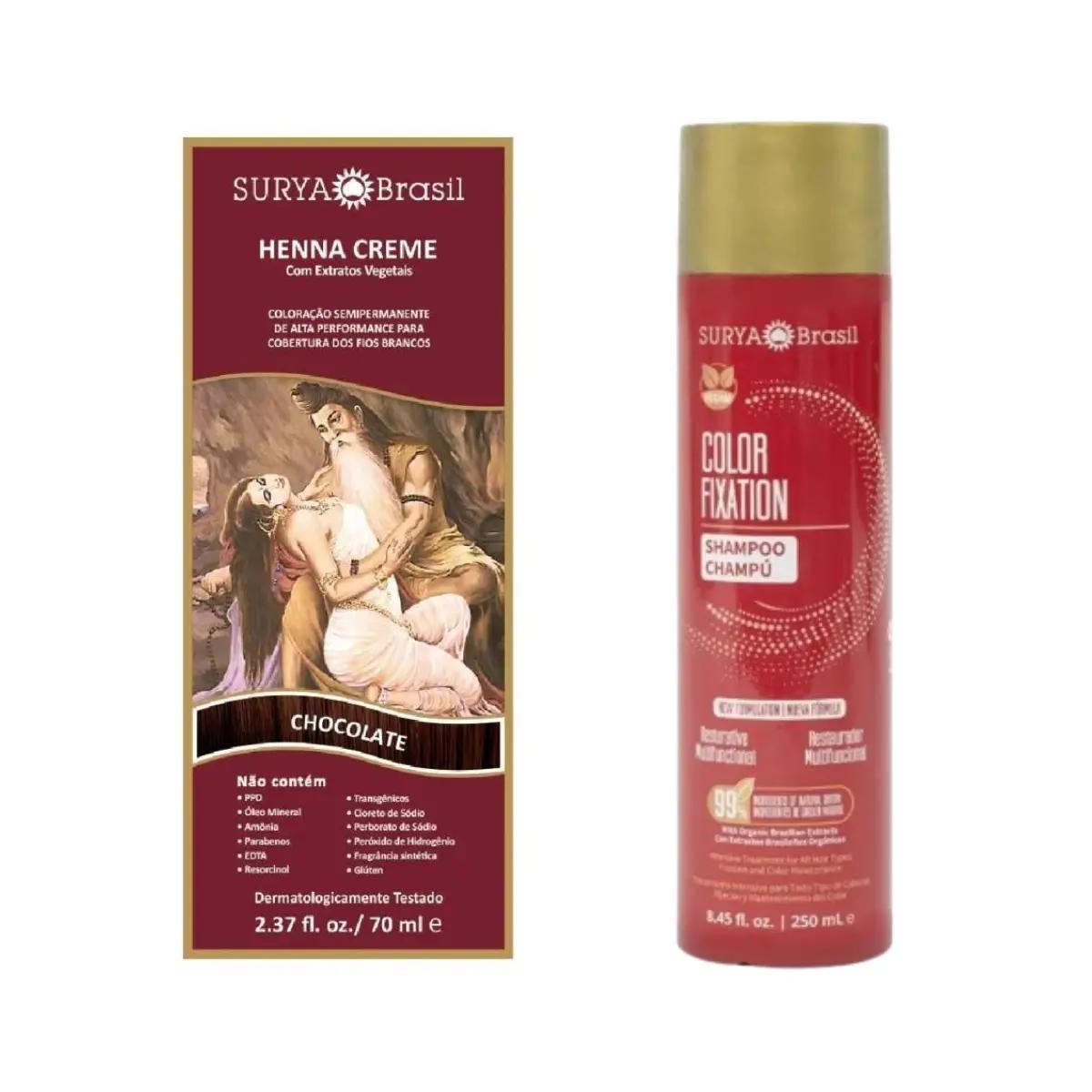 Kit Tintura Henna Creme Surya Brasil Chocolate 70ml + Shampoo Restaurador Surya Brasil Color Fixation 250ml - Imagem 1