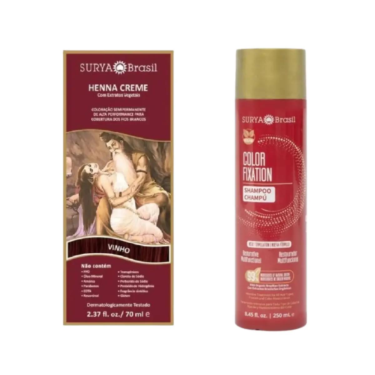 Kit Tintura Henna Creme Surya Brasil Vinho 70ml + Shampoo Restaurador Surya Brasil Color Fixation 250ml - Imagem 1