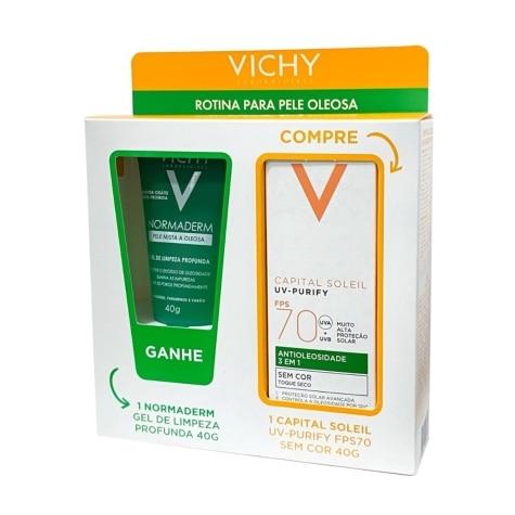 Kit Protetor Solar Facial Vichy Idéal Soleil Uv-Purify FPS70 Incolor 40g Ganhe Gel de Limpeza Profunda Normaderm 40g - Imagem 1