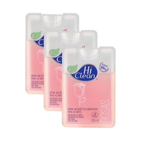 Kit 3 Unidades Spray Antisséptico Hidratante para as Mãos Hi Clean Rosas 20ml - Imagem 1