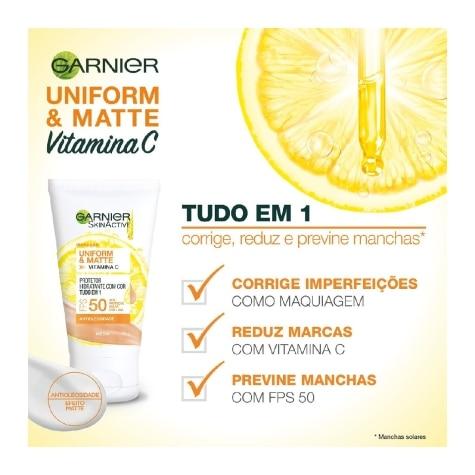 Protetor Solar Facial Garnier SkinActive Uniform & Matte Vitamina C FPS50 Cor Morena 40g - Imagem 2