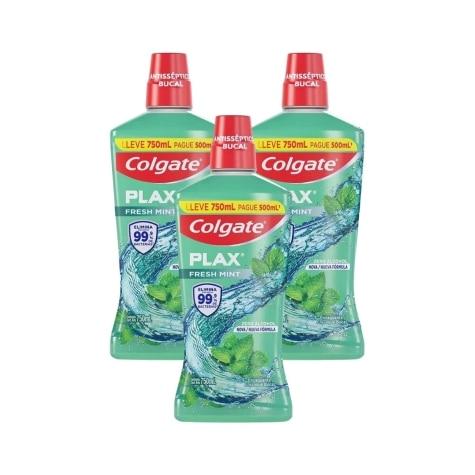 Kit 3 Unidades Enxaguante Antisséptico Bucal Colgate Plax Fresh Mint Sem Álcool Leve 750ml Pague 500ml - Imagem 1