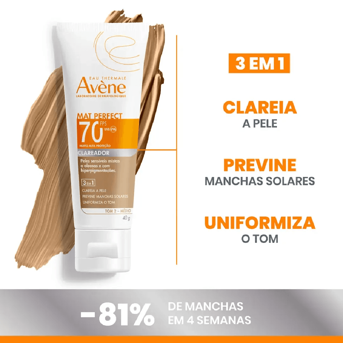 Protetor Solar Facial Avène Mat Perfect FPS70 Cor Média 40g - Imagem 3