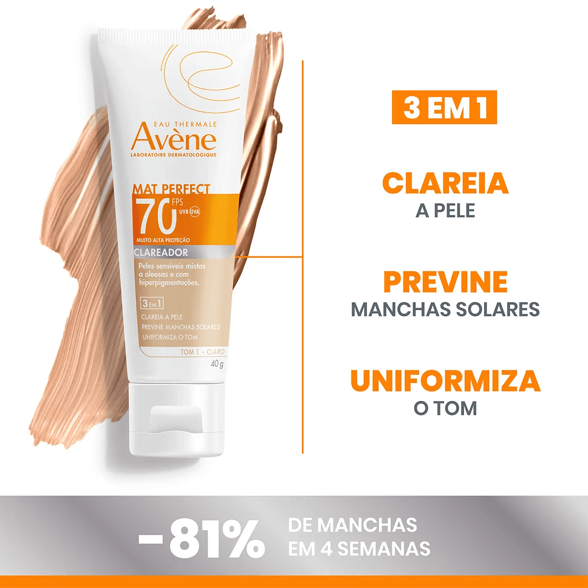 Protetor Solar Facial Avéne Mat Perfect FPS70 Cor Clara 40g - Imagem 3