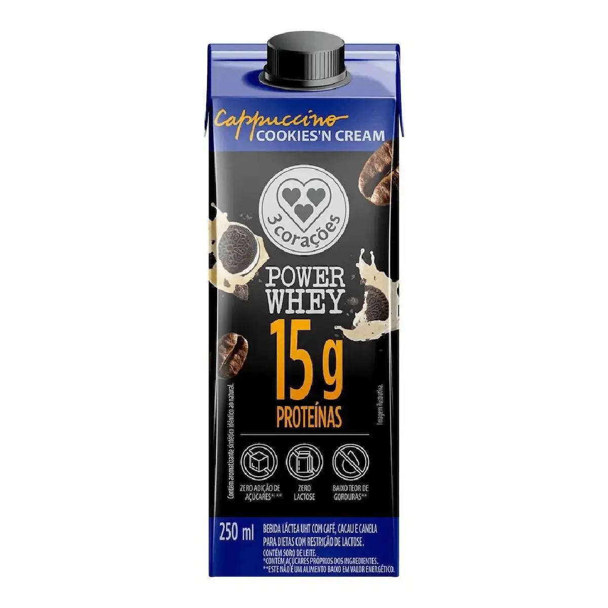 Cappuccino 3 Corações Power Whey Zero Lactose Cookies 'N Cream Caixa 250ml - Imagem 1