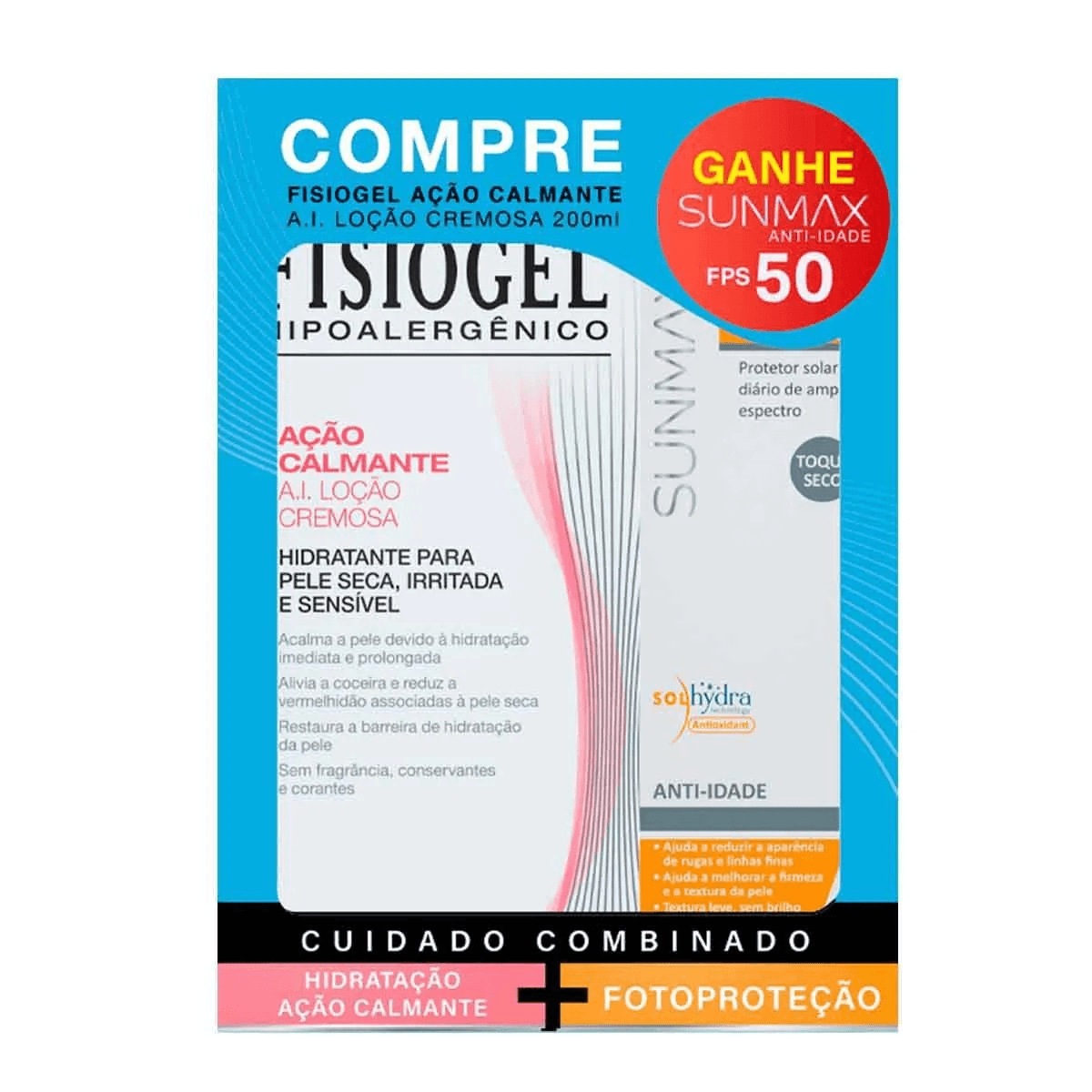 Kit Loção Cremosa Fisiogel Ação Calmante A.I. 200ml Ganhe Protetor Solar Facial Sunmax Anti-Idade FPS50 60ml - Imagem 1