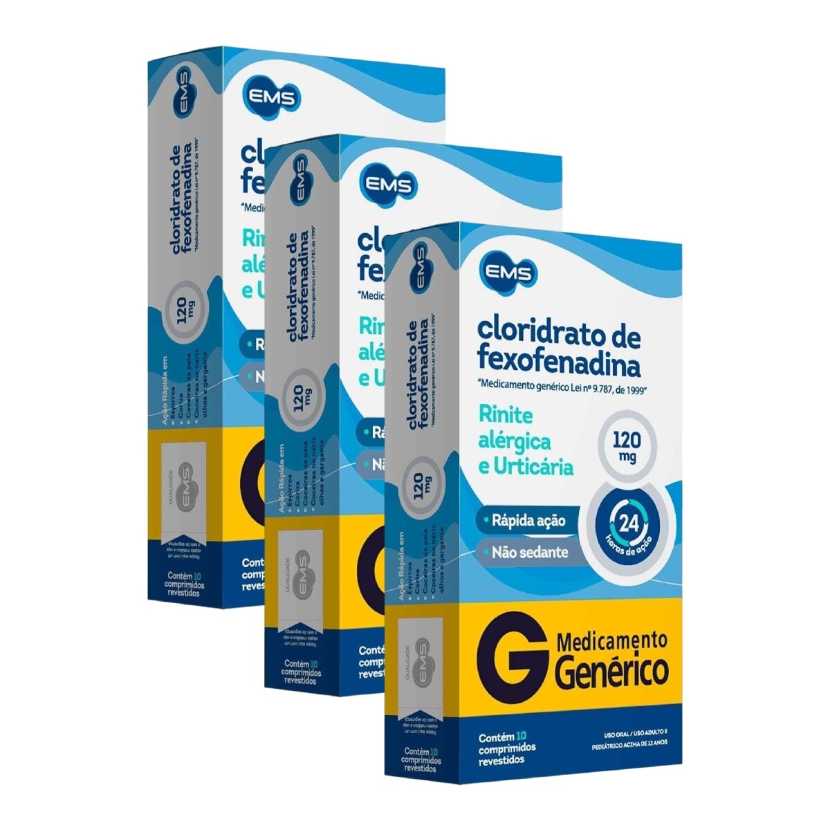Kit 3 Unidades Cloridrato de Fexofenadina 120mg 10 Comprimidos Revestidos EMS Genérico