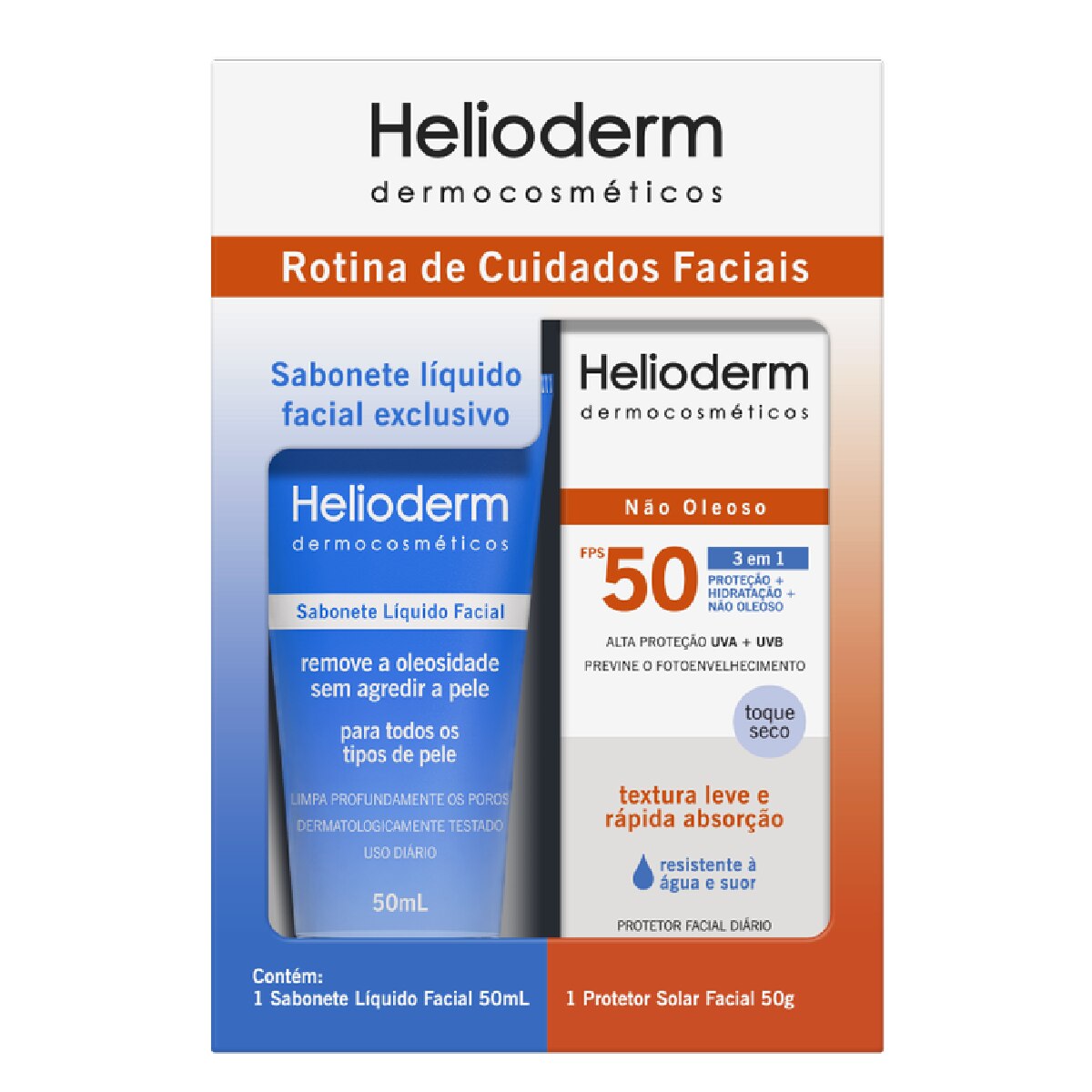 Kit Sabonete Liquido Facial Helioderm 50ml + Protetor Solar Facial FPS50 50g