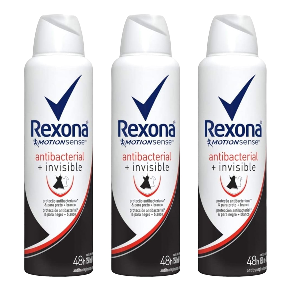 Kit 3 Unidades Desodorante Aerosol Rexona Antibacterial + Invisible 150ml