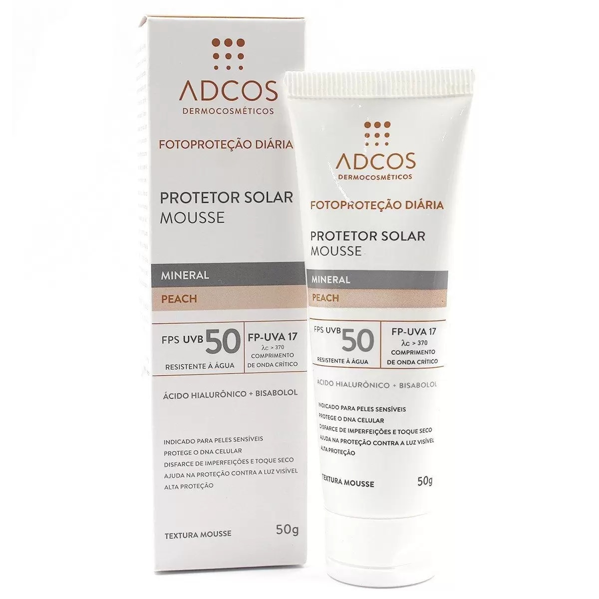 Protetor Solar Facial Mousse Adcos Mineral FPS50 Peach 50g