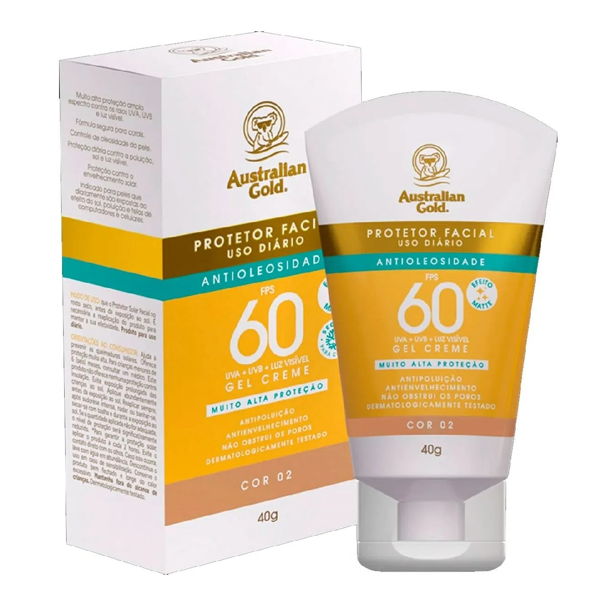 Protetor Solar Facial Australian Gold FPS60 Antioleosidade Gel Creme Cor 02 com 40g