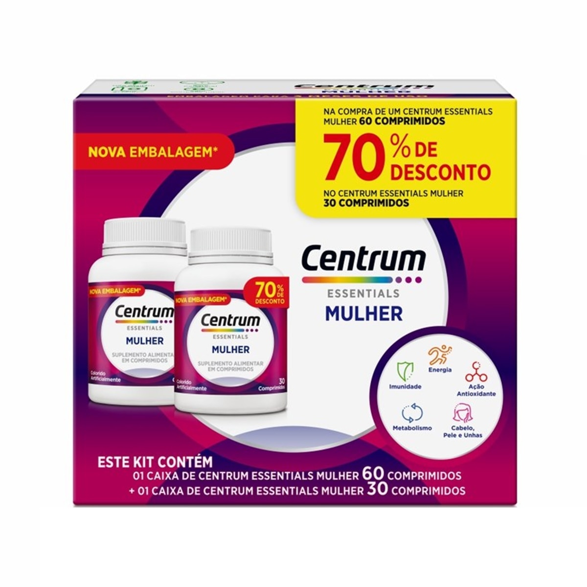 Kit Centrum Essentials Mulher 60 Comprimidos + 30 Comprimidos com 70% Desconto